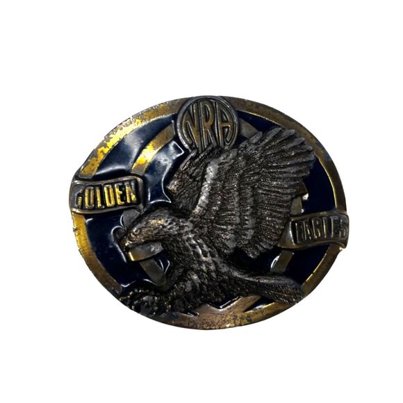 NRA Golden Eagles VTG Belt Buckle Brass USA Made Hunter National Rifle Assn - Picture 1 of 7